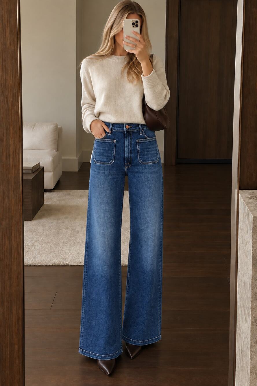 MOTHER Hustler Roller Patch Pocket Skimp Jeans 31 Wide Leg Dark Wash Wide Leg 30